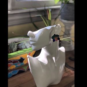 Vintage 1970's Cloisonne Multicolor Orchid Iris Flower Earrings